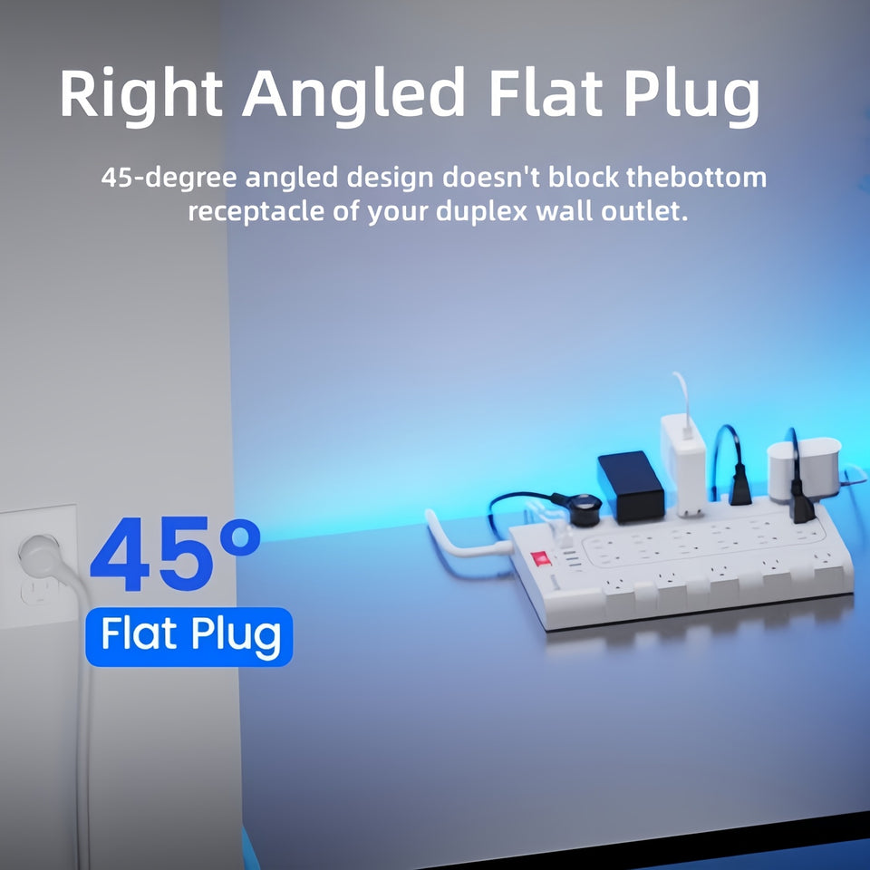 Flat Plug Power Strip With USB Ports & Surge Protection Control Switch