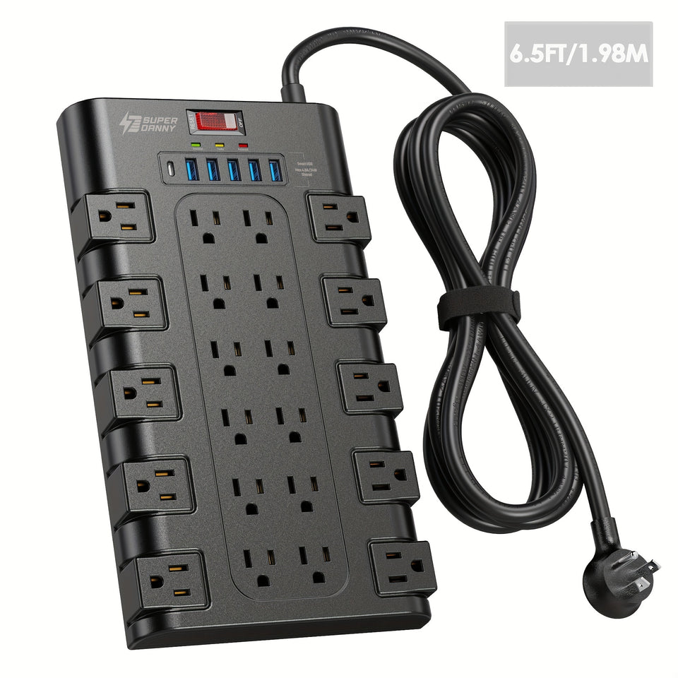 Flat Plug Power Strip With USB Ports & Surge Protection Control Switch