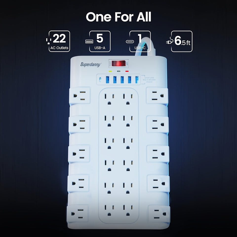 Flat Plug Power Strip With USB Ports & Surge Protection Control Switch